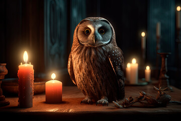 A bird sitting on top of a table next to a candles. Generative AI