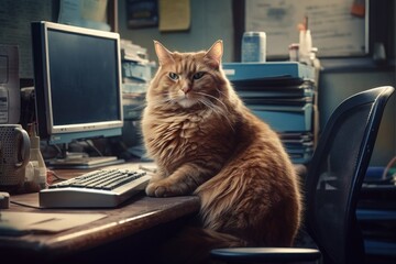 Portrait of a very beautiful plump fat cat in the office at work. AI generated, human enhanced