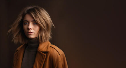 Obraz premium Woman with a Medium Shag hairstyle on a solid dark background