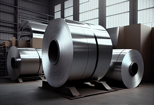 Metallurgical production. Large rolls of shiny aluminum foil or steel. AI generative.