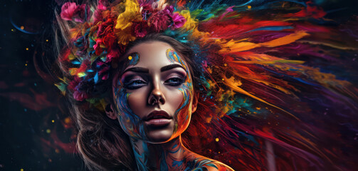 Obraz premium Oil or acrylic paint on a black background. Abstract color portrait of a young woman. Modern art, oil painting colorful female face. Illustration design of paint for background. Generative AI