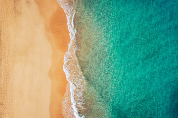 Fototapeta na wymiar Ocean View Beach. Ocean Beach, beautiful landscape, travel and vacation. Aerial view of sandy beach and ocean with waves