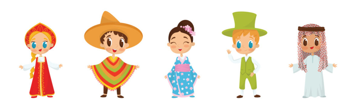 Smiling Boy and Girl Wearing Costumes of Different Countries Vector Set