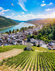 Bacharach panoramic view. Bacharach is a small town in Rhine valley in Rhineland-Palatinate, Germany. Bacharach on Rhein town, Rhine river, Germany. - obrazy, fototapety, plakaty