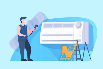 Technician repairing split air conditioner on a blue wall. Construction building industry