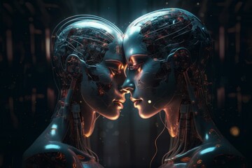 Obraz na płótnie Canvas Two robots show each other feelings. Love robots concept. AI generated, human enhanced
