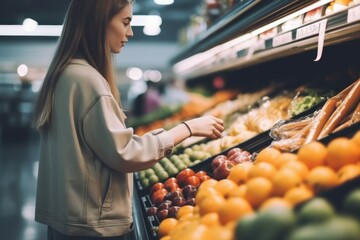 Woman shopping fruits and vegetables in a grocery supermarket store. AI generated, human enhanced