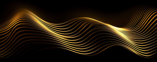 Generative AI abstract image of creative glittering gold wave curvy line design elements with minimal texture reflecting on isolated on black background