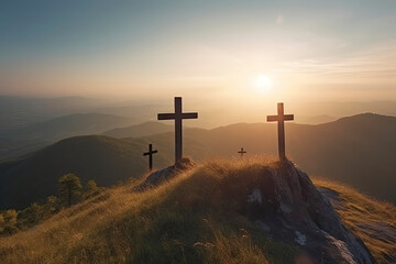 Three cross on the mountain with sun light, belief, faith and spirituality,  resurrection of Jesus Christ at Easter