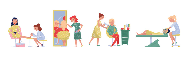 Woman in Beauty Salon Doing Different Hair and Nail Procedure Vector Illustration Set