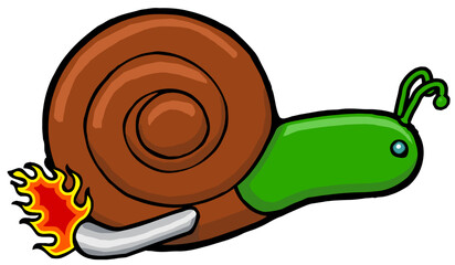 cute snail with flames coming out an exhaust tube