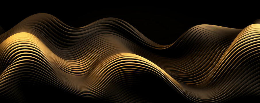 Generative AI abstract image of creative glittering gold wave curvy line design elements with minimal texture reflecting on isolated on black background