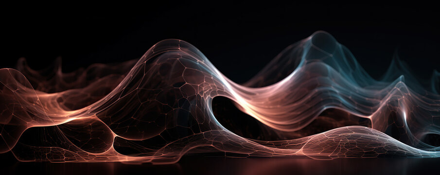Generative AI abstract image of creative glittering colorful wave curvy line design elements with minimal texture reflecting on isolated on black background