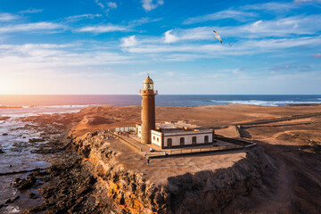 Punta de Jandia lighthouse from above, aerial blue sea, Fuerteventura, Canary Island, Spain. Punta...