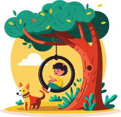 A Cute girl swinging on a tree with her dog.
