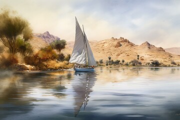 Fototapeta na wymiar A digital watercolor painting depicting a beautiful landscape of a felucca sailing on the Nile River in Aswan, Egypt. Generative AI