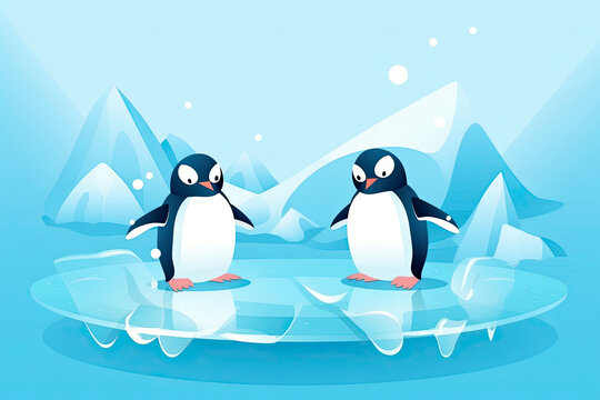 Two cute penguins on ice floe.
