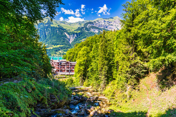 Waterfalls Giessbach in the Bernese Oberland, Switzerland. Giessbach waterfall flow to lake Brienz in Interlaken Switzerland. Giessbach Falls on Lake Brienz in the Bernese Oberland in Switzerland.