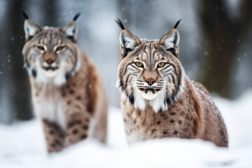 Naklejka premium Mother and child Lynx sitting in the snow