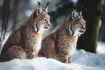 Obraz premium Mother and child Lynx sitting in the snow