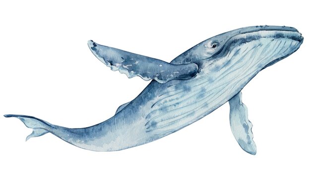 Hand drawn watercolor humpback whale. Watercolor illustration isolated on a white background. Marine development, rare species.
