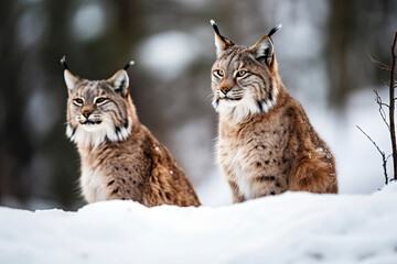 Mother and child Lynx sitting in the snow