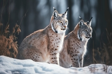 Fototapeta premium Mother and child Lynx sitting in the snow