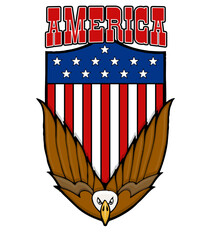 bald eagle swooping down with america shield