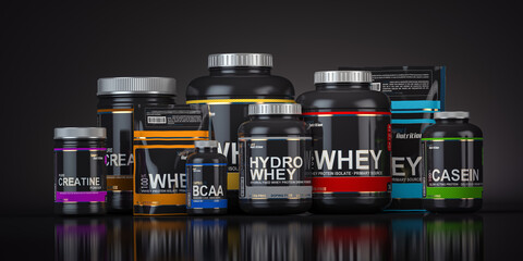 Sports nutrition supplements for bodybuilding. Whey protein casein, bcaa, creatine on black background.
