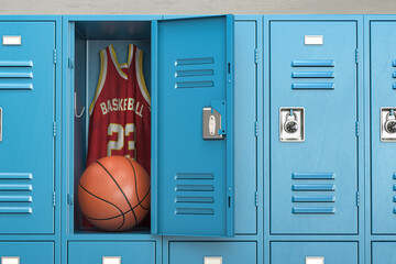 Basketball locker room with spotlight on the basketball ball and jersey in open locker. - 595662121