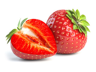 Strawberry isolated on white.  Whole, half, cut strawberries.