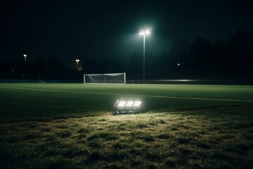 An illuminated spotlight on an unoccupied night sports field's green turf. Generative AI