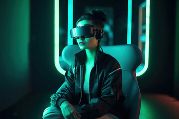 Generative AI illustration of serious young woman in black jacket wearing virtual reality headset sitting on armchair against neon illumination while experiencing cyberspace
