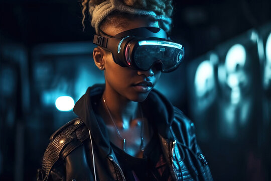 Generative AI illustration of confident African American woman with braids wearing leather jacket and modern virtual reality goggles experiencing futuristic cyberspace in dark room