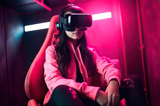 Generative AI illustration of serious young woman in pink jacket wearing virtual reality headset sitting on armchair against neon illumination while experiencing cyberspace