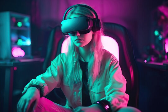 Generative AI illustration of serious young woman in white jacket wearing virtual reality headset sitting on armchair against neon illumination while experiencing cyberspace