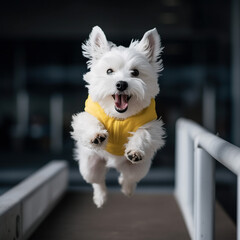 white fluffy puppy dog jumping on a running track wearing yellow competition outfit, Generative AI