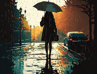 Woman in the rain at dusk