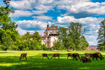 Blatna castle near Strakonice, Southern Bohemia, Czech Republic. Aerial view of medieval Blatna...