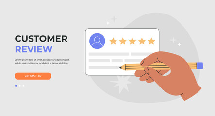 Concept of customer satisfaction rating, consumer survey. Landing page. Hand drawn vector illustration isolated on light background, flat cartoon style