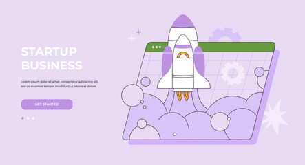 Space rocket launch. Creative, innovative idea. Successful business start up, launching new project. Landing page template. Vector illustration isolated on purple background, flat cartoon style