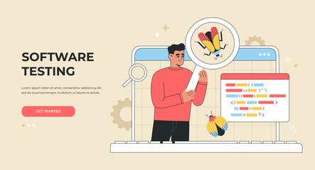 Software testing concept. Application development, coding and bugs searching. Digital analysis. Landing page template. Vector illustration isolated on light background, modern flat cartoon style