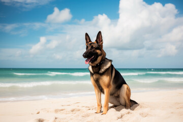 Fototapeta na wymiar German Shepherd dog on the beach, funny portrait, generativeai