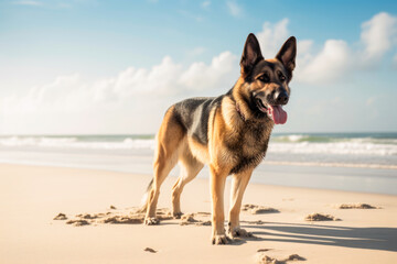 Fototapeta na wymiar German Shepherd dog on the beach, funny portrait, generativeai