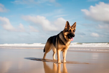 German Shepherd dog on the beach, funny portrait, generativeai