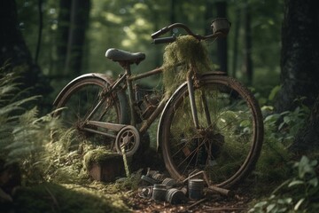 Naklejka na ściany i meble Abandoned bicycle overtaken by nature in the woods. Generative AI