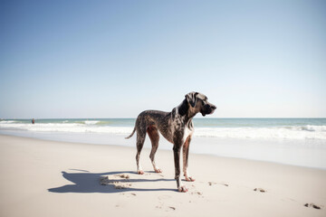 Fototapeta na wymiar Great Dane dog on the beach, funny portrait, generativeai