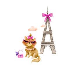 Watercolor illustration with a cute cat in Paris. Funny cat in sunglasses. Stylish cat with a pink bow. Fashion illustration with kitty.