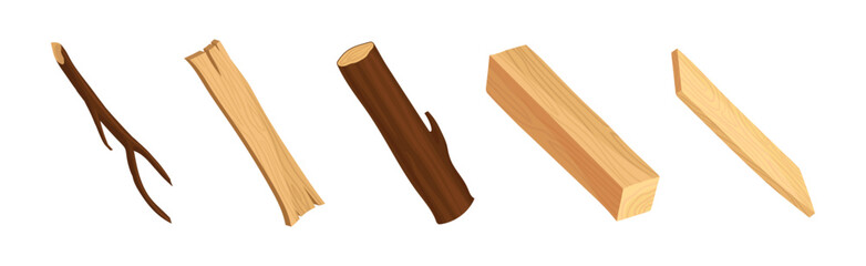 Log, Block and Wooden Plank as Sawed Timber Vector Set