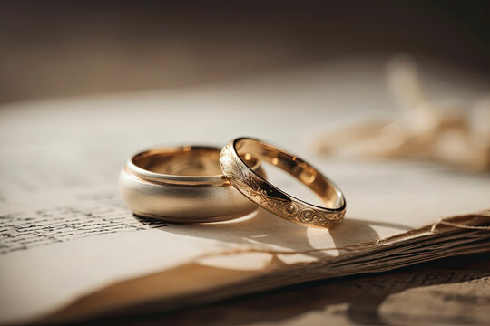 two wedding rings and flowers, wedding invitation